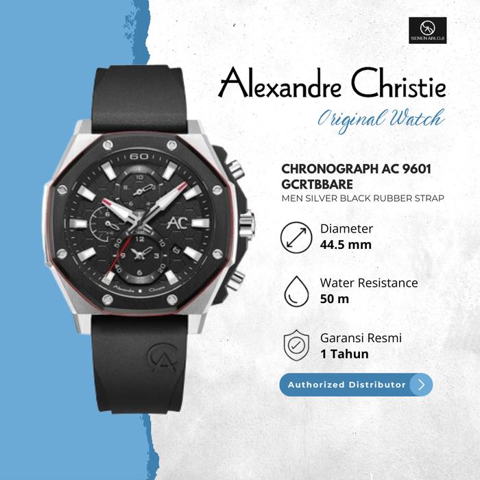 Jam Tangan Pria Alexandre Christie AC 9601 Rubber Tanggal Dan Chrono Aktif Original - Black Silver