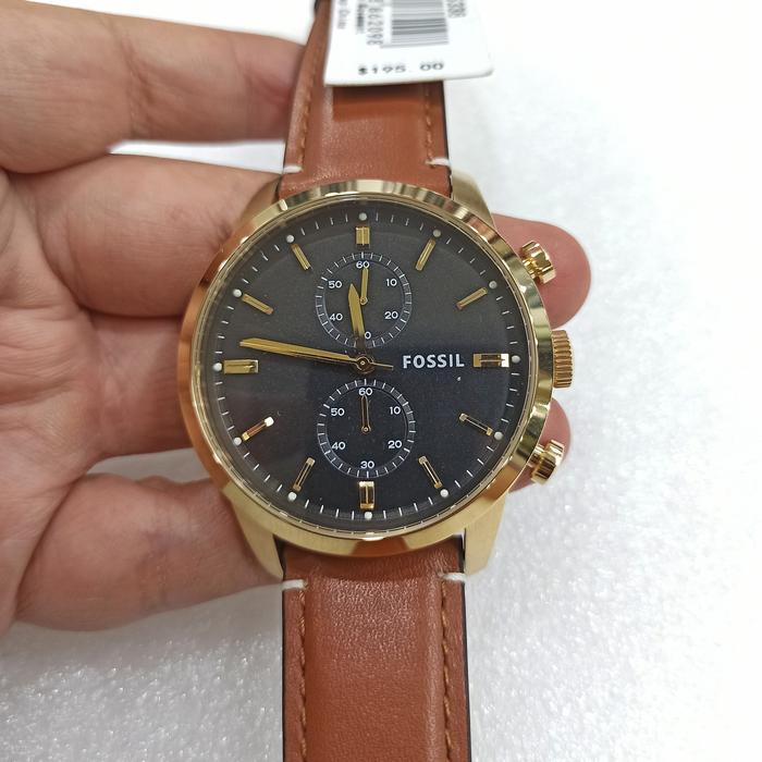 Jam Tangan Pria FL Tow*sman FS5338 Chronograph Black Dial Gold Brown Leather