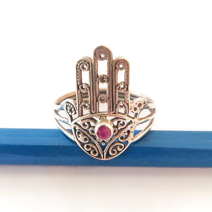 Cincin Perak Silver Bali Hamsa Tangan Yoga Meditasi Batu Merah Asli 925 Pria Wanita Keren