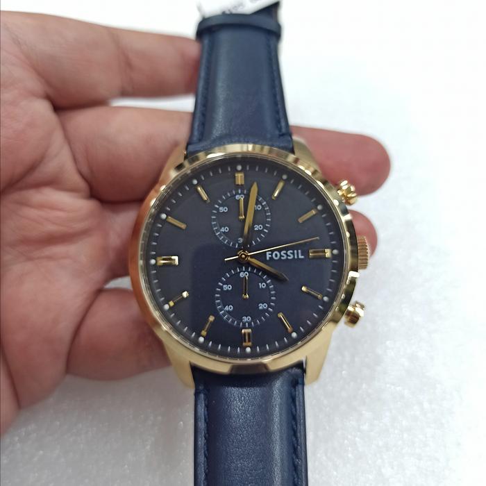 Jam Tangan Pria FL Tow*sman FS5338 Chronograph Black Dial Gold Navy Leather