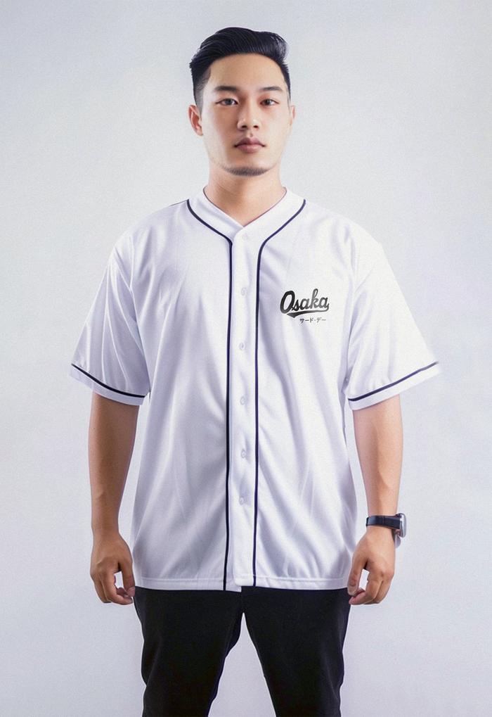 Kemeja Baseball Oversize Jersey Polos "Osaka" Hitam MTS93 Putih MTS96