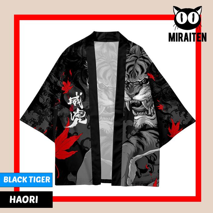 HAORI YUKATA CARDIGAN KIMONO PRIA WANITA BLACK TIGER BAHAN POLYESTER Baju Jepang