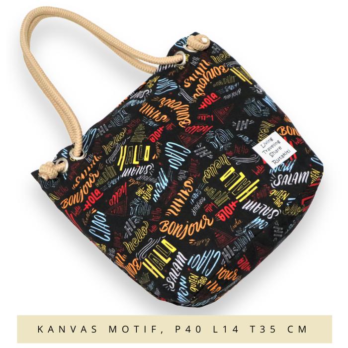 Tas Tote Bahu Totebag Sumbu Tali Tambang Kanvas Motif Gambar Lucu