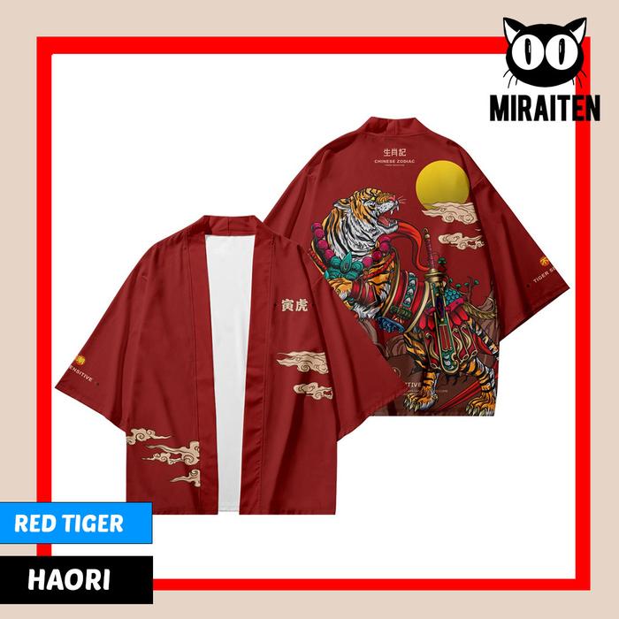 HAORI YUKATA CARDIGAN KIMONO RED TIGER UNISEX CWO CWE BAHAN POLYESTER Baju Panjang
