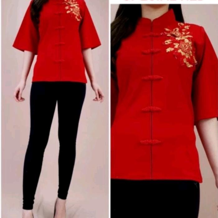 Atasan Blouse Cheongsam Qipao Wanita Elegant Red Blossom Gold NN