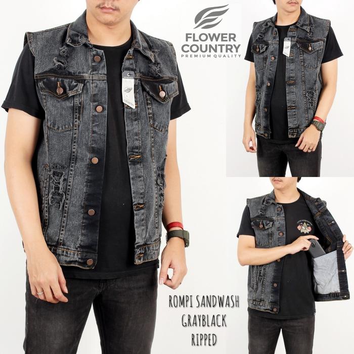 Rompi Jeans Pria Sobek Vest Denim Ripped Jaket Motor Grey Black M L XL