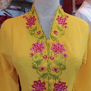 Kebaya modern encim kuning bordir pink katun lengan panjang Dress Wanita Batik Kain Nyaman