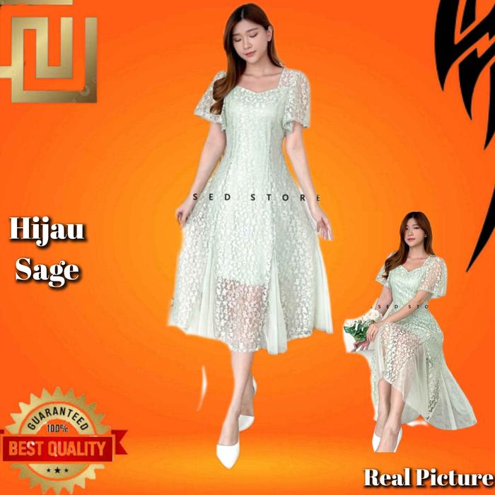 Baju Gaun Pesta Wanita Stevia LD 92-98 Midi Dress Jumbo LD 108-114 Hijau Sage