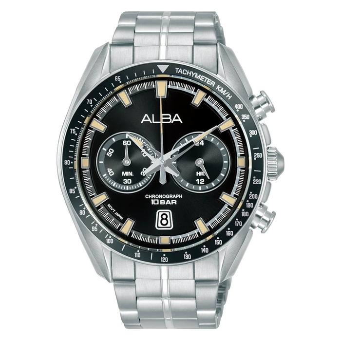 Jam Tangan Alba Signa A4B015X1 A4B015 Quartz Chronograph Black Dial Stainless Steel