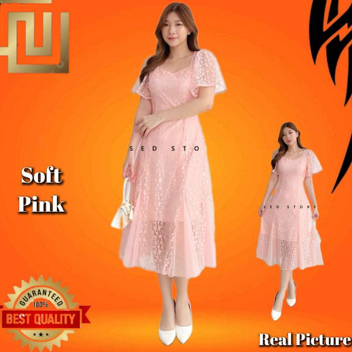 Baju Gaun Pesta Wanita Stevia LD 92-98 Midi Dress Jumbo LD 108-114 Soft Pink