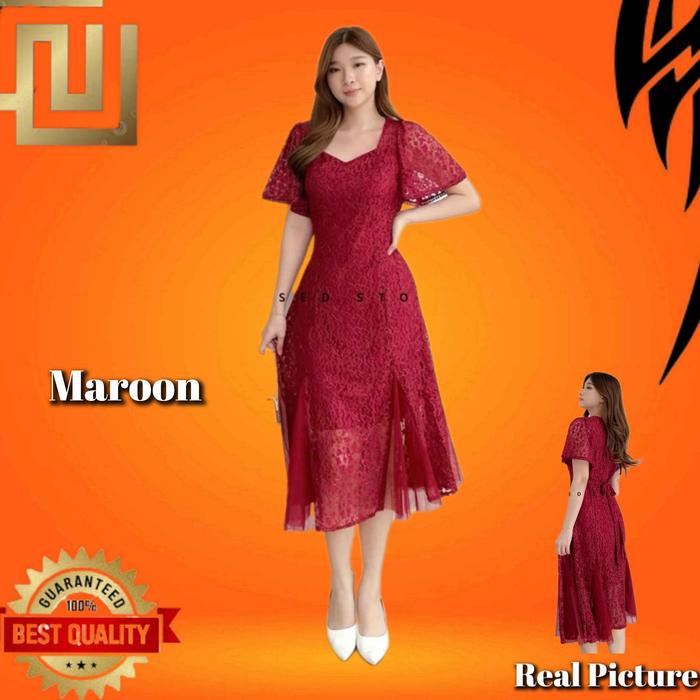 Baju Gaun Pesta Wanita Stevia LD 92-98 Midi Dress Jumbo LD 108-114 Maroon