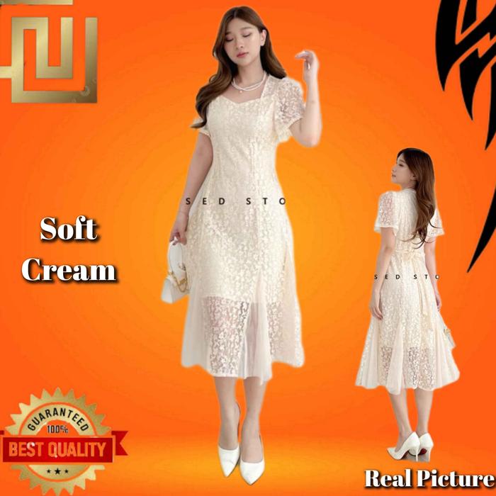 Baju Gaun Pesta Wanita Stevia LD 92-98 Midi Dress Jumbo LD 108-114 Soft Cream