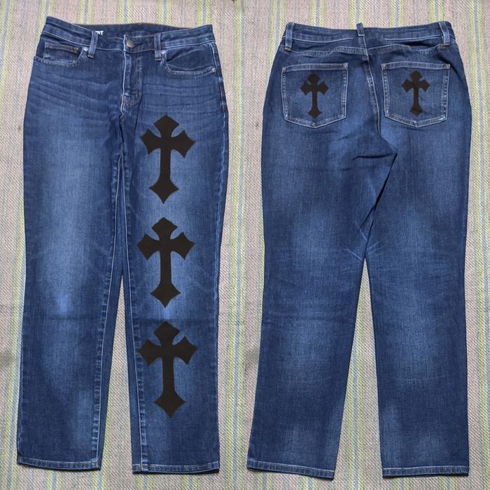 Celana Panjang Longpants Jeans Muji Dark Blue Washed Fading Slim Custom Cross Chrome Hearts Original