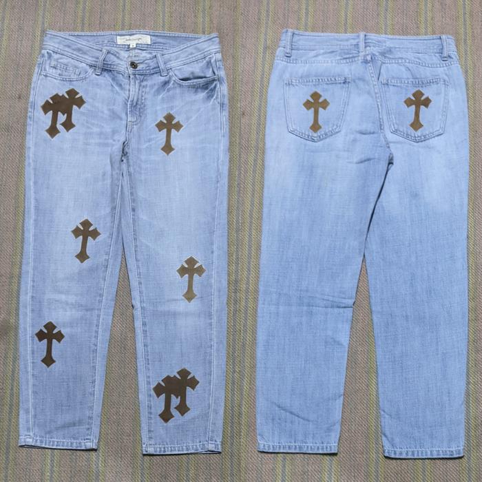 Celana Panjang Longpants Jeans Jewel Changes Light Blue Washed Fading Slim Custom Cross Chrome Heart