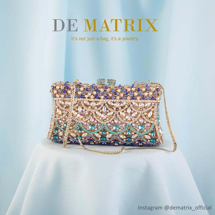 Tas Pesta Wanita Party Clutch Swarovski Premium Biru Gold Emas Biru Mas Crystal Kristal Rhinestone P