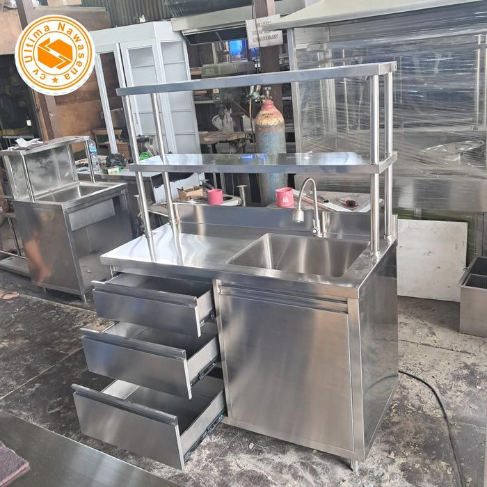 Meja Cuci Kabinet dan Rak Stainless Ukuran 120x55x85+70cm