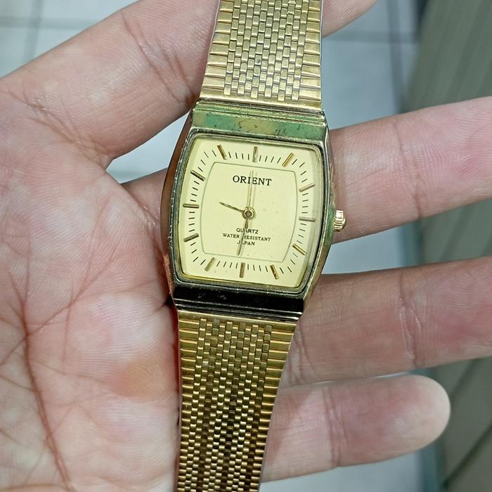 jam tangan pria orient gold quartz stainles steel water resist gold vintage elegan
