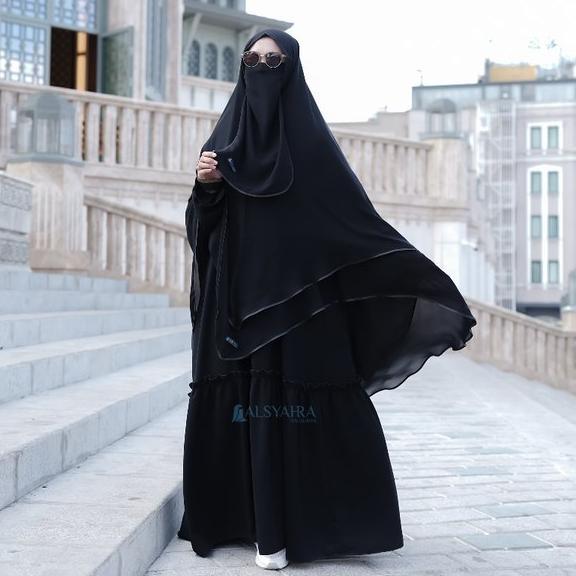 Boom Sale !!! Alsyahra Exclusive Set Khimar Cadar Tali Shofa Bisban Sifon Jetblack XXL