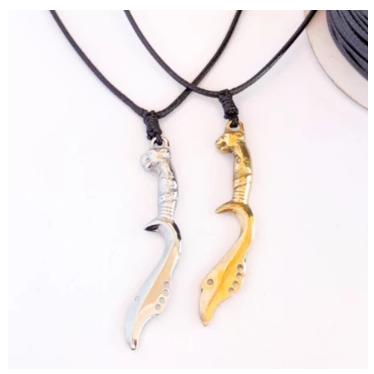 KALUNG KUJANG KUNINGAN , Kalung Kujang logam kuningan, kalung tali hitam, kalung liontin kujang, kal