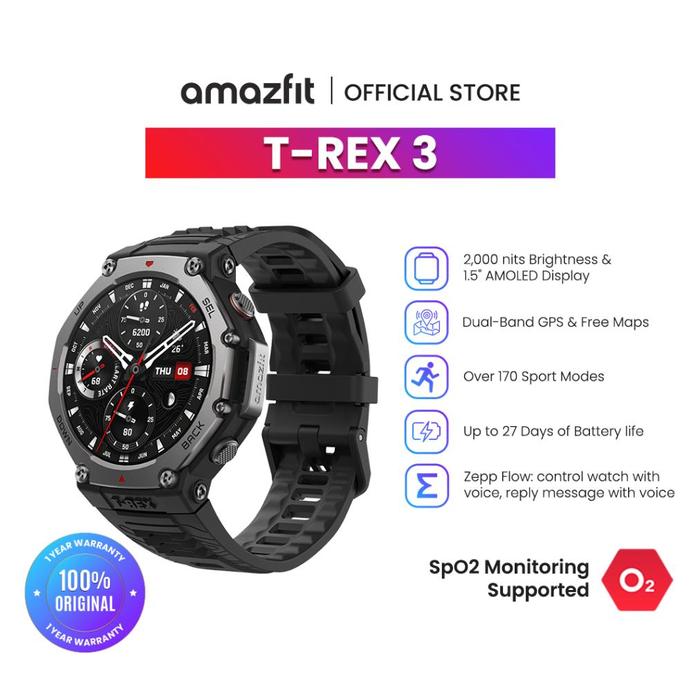 Amazfit Official T-Rex 3 48mm Smartwatch 1.5" AMOLED Screen GPS SpO2 10 ATM Waterproof Jam Tangan Di
