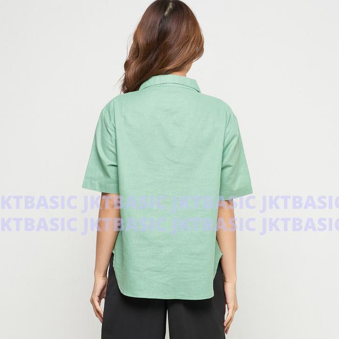 Kemeja Wanita Linen Lengan Pendek Hijau Sage Green Open Collar Shirt