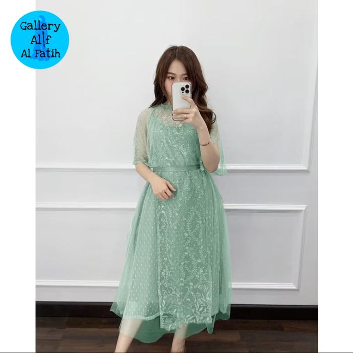 HM Midi dress lorenza 2 in 1 tunik pesta inner tanktop M L XL XXL hijau sage hitam ungu lilac hijau 