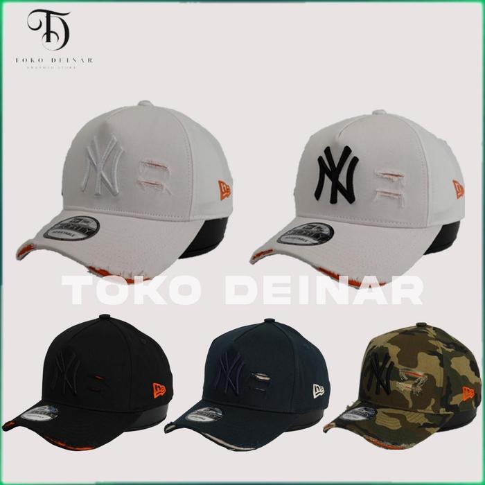 Topi Baseball Hat Damage Ripped Sobek NY New York Yankees , Topi Bisbol MLB NBA Cap Loreng Camo, Bir