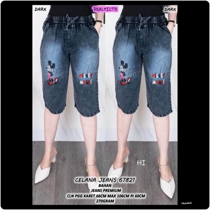 HI Celana Wanita pendek 3/4 Jeans Denim pinggang full karet lpmax 106cm pj60cm bordir mickey minnie 