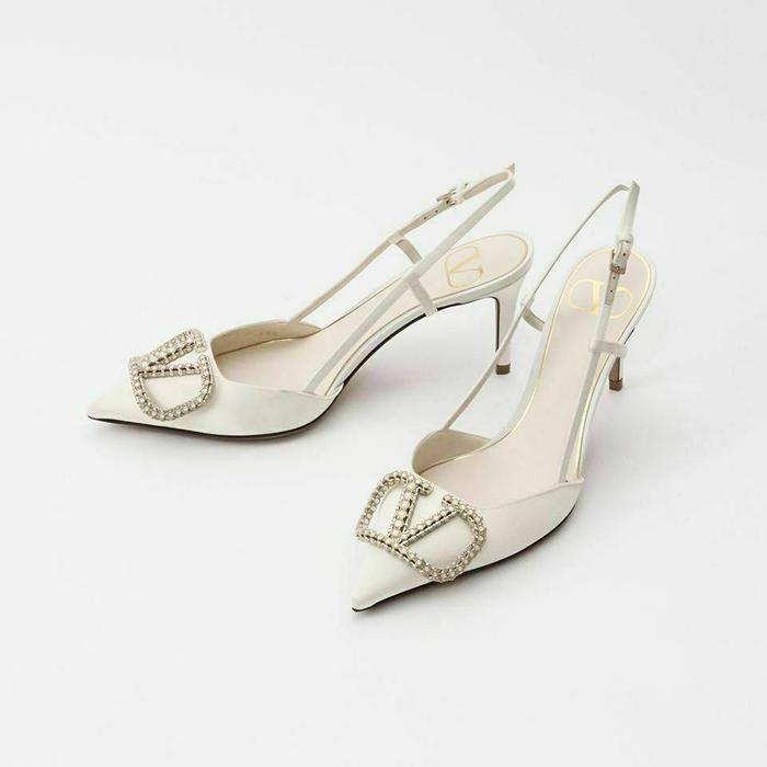 VLTN V Logo Slingback 80mm Satin Light Ivory with Pearl