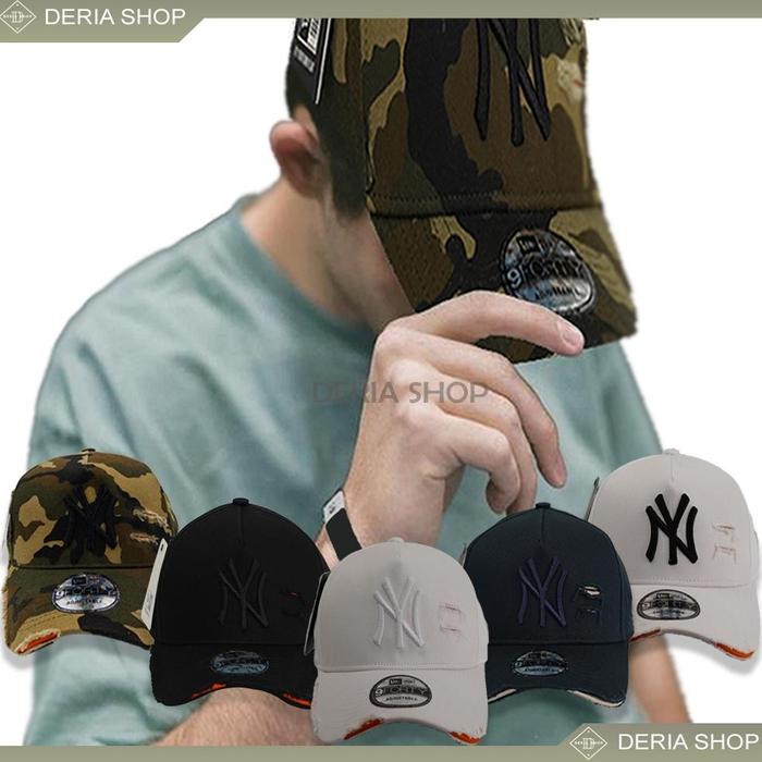Topi Grade Import Baseball Hat Damage Ripped Sobek Robek NY, Topi Bisbol NBA Cap Loreng Camo, Biru H