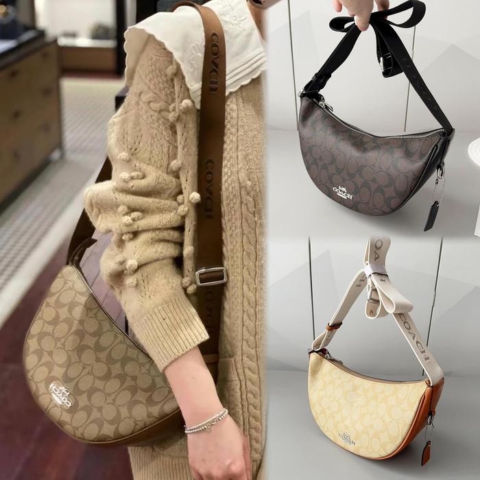 COACH Pace Shoulder Bag In Signature Canvas Khaki Saddle Tas Bulan Sabit Tas Croissant Kanvas Aan Ku