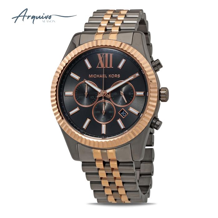 Jam Tangan Michael Kors Pria Lexington Chronograph Men Gray Dial Dual Tone Stainless Steel Mewah Spo