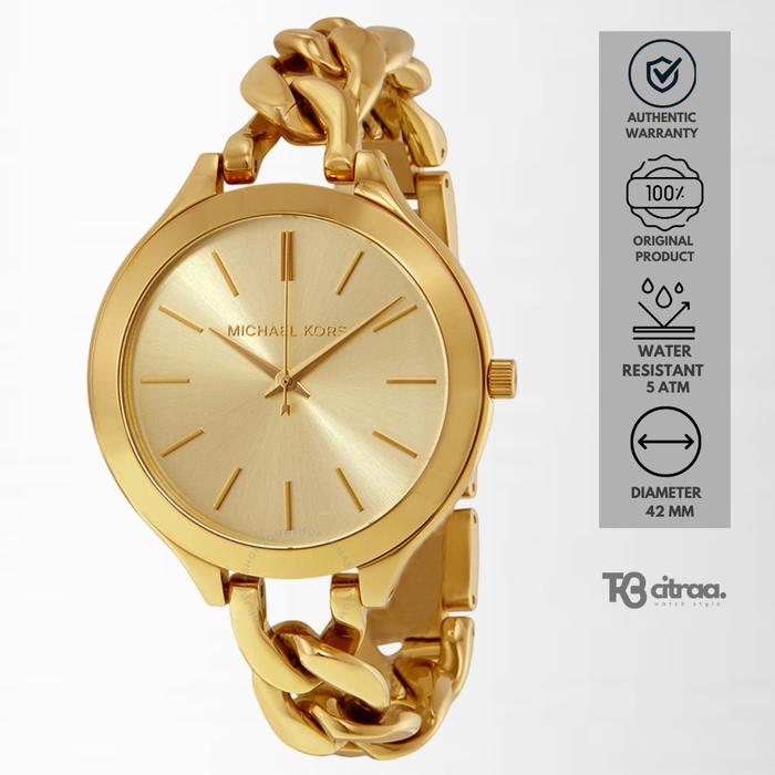 Jam Tangan Wanita Michael Kors Runway Gold Stainless Steel Slim Mewah Casual Original MK3222