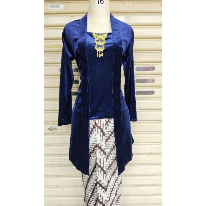 Kebaya Bludru Premium Tunik Kutu Baru Biru Navy / Dongker