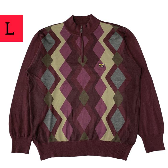Jaket sweater rajut - wol - knit Argyle 1/4 zip WOLSEY ( size L )