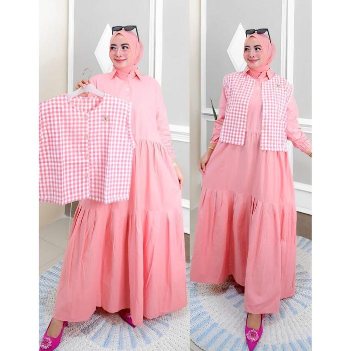 Ready Stok QF Gamis Rompi motif Kotak kotak 889 / gamis bahan katun adem nyaman di pakai / fashion m