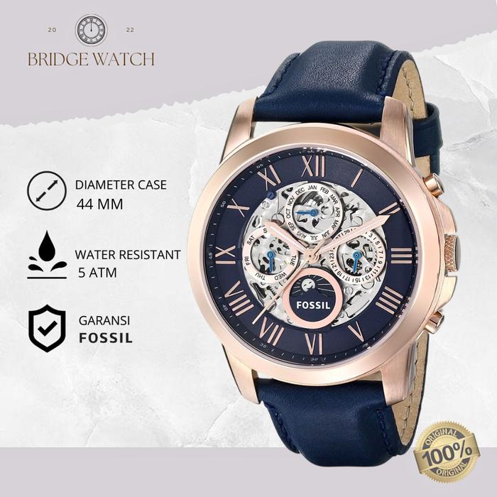 Jam Tangan Fossil Grant Automatic Pria Chronograph Kulit Navy Blue Sporty Mewah Original ME3029
