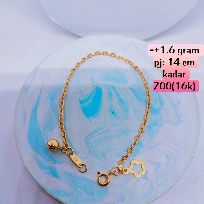 gelang tangan emas anak model rantai norri kelincingan 1 bola 1 rose mas kadar 700(16k)