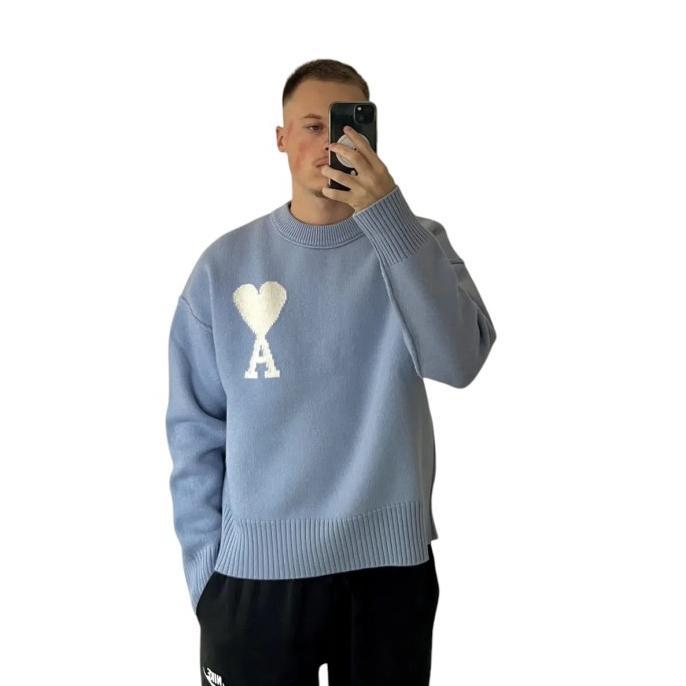 Ami Paris Oversize Sweatshirt Knit Crew Neck Big Logo Unisex Blue Original Best Seller