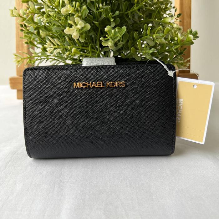 dompet wanita mk medium bifold zip coin wallet black mm
