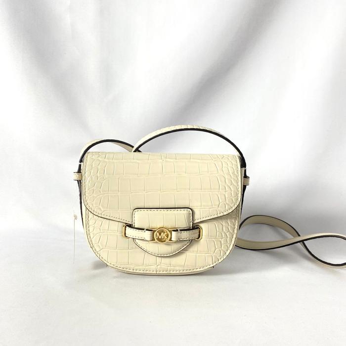 tas wanita mk reed croco small saddle crossbody lt cream vj