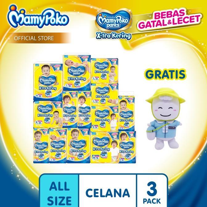 MamyPoko Pants X-tra Kering Popok Celana All Size 3 Packs - Free Boneka Pokkojang Limited Edition