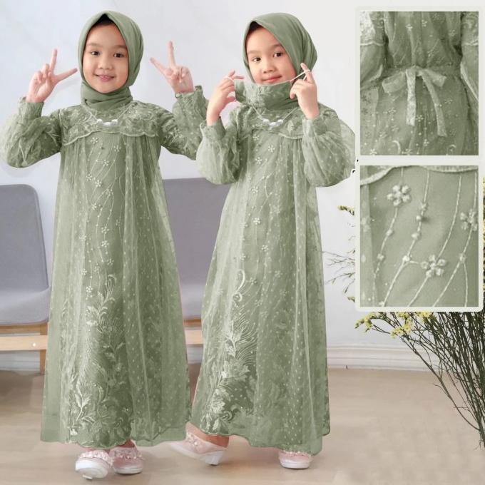 Gamis Anak Eliana Kids 3 - 16 Thn Brukat Tile Dot Hijau Sage Ps #Gratisongkir