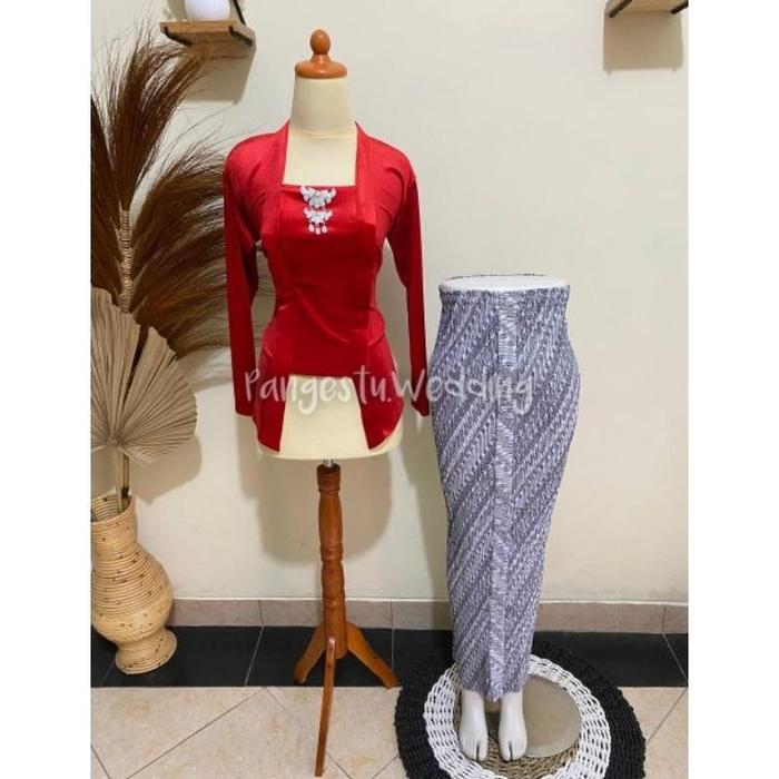 [MERAH] 1 SET KEBAYA + ROK PLISKET MOTIF PARANG PUTIH (ADA WIRU)