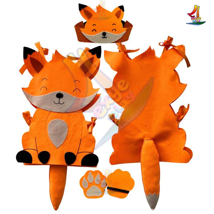 Kostum Hewan fox Flanel set topeng , ekor, cakar drama teater anak