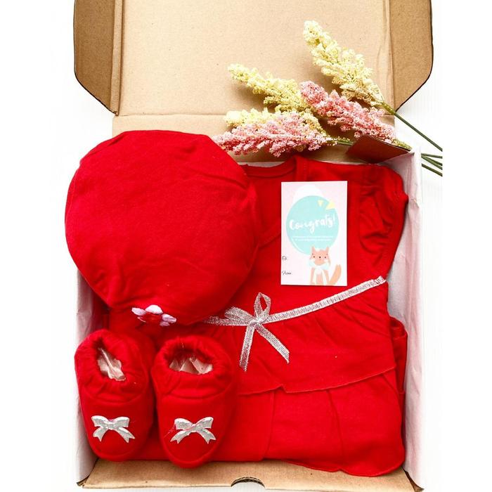 Hampers Lahiran Red Ruffle Dress Baju Sepatu Topi Pakaian Anak Bayi Perempuan Cewek Lucu Murah Terla