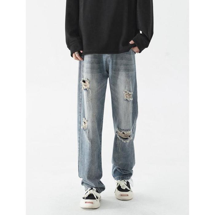Disai - Celana Jeans Sobek Pria Celana Denim Panjang Robek Ripped Cowok Versi Korea Pants K501A