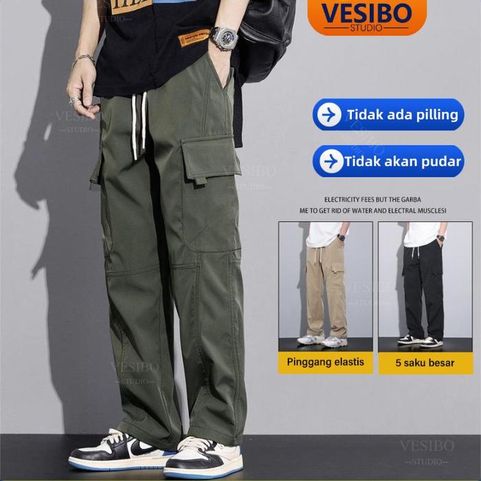 Celana Cargo Pria Celana Gombrang Korean Style Wide Leg Pants Celana Panjang Pria Cargo Longgar Cela