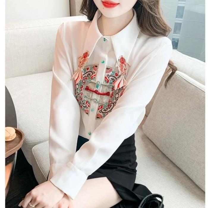 Kemeja Lengan Panjang Cheongsam Chongsam Cheong Sam Wanita Merah Putih Red White Gold Fish Ikan Hoki