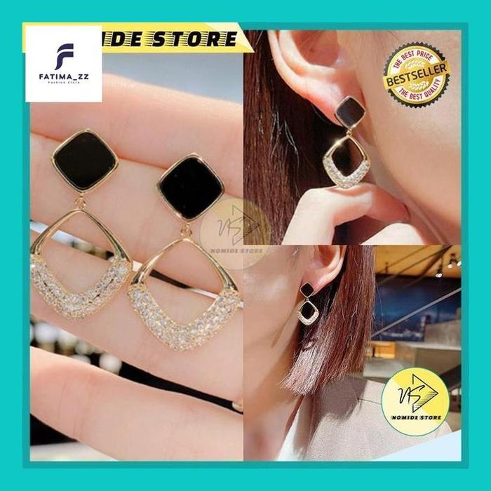 Fatim/// Anting Titanium Korea Perempuan Dewasa Motif Kotak Hitam Berlian Imitasi Giwang Aksesoris E